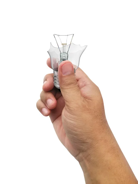 Den Trasiga Glödlampan Hand Isolerad Vit Bakgrund — Stockfoto