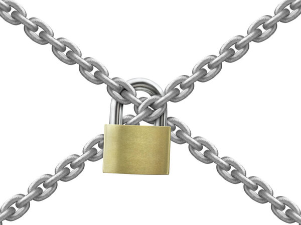 The gray metal chain and padlock on white background