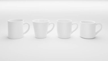 Beyaz arka planda izole edilmiş gerçekçi beyaz kahve fincanları. 3d hazırlayıcı