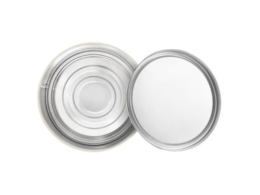 açık yuvarlak metal kutu beyaz arka plan üzerinde izole Üstten Görünüm