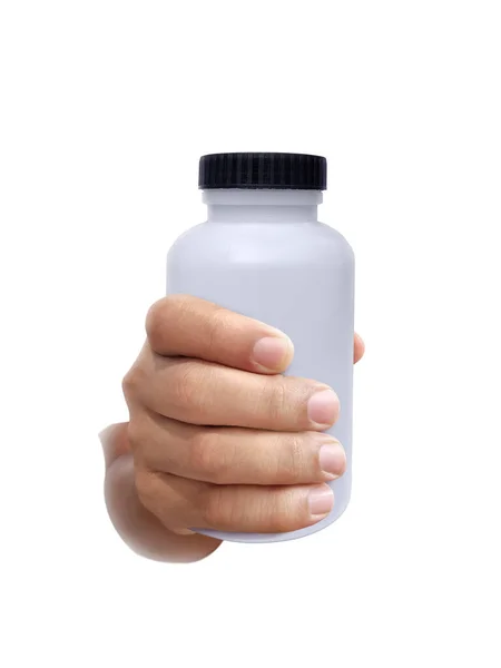 Frasco Medicamento Mão Isolado Sobre Fundo Branco — Fotografia de Stock