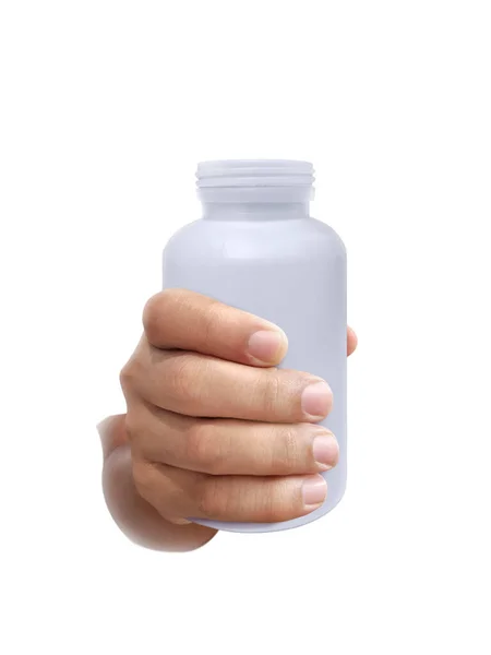 Frasco Medicamento Mão Isolado Sobre Fundo Branco — Fotografia de Stock