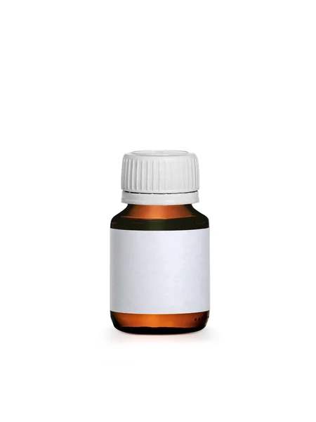 Beyaz Arka Planda Etiketli Kahverengi Ilaç Şişesi — Stok fotoğraf