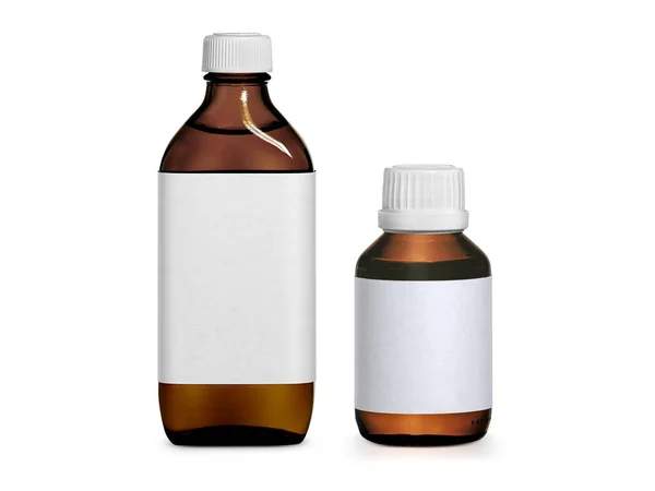 Beyaz Arka Planda Etiketli Kahverengi Ilaç Şişesi — Stok fotoğraf