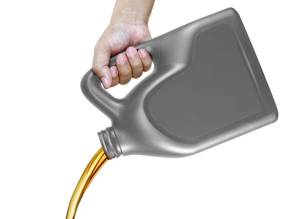 Engine Oil Pouring Canister Hand Isolated White Background — Stock Photo, Image