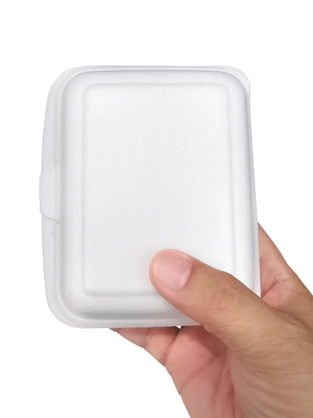 Mano Que Sostiene Comida Caja Espuma Sobre Fondo Blanco — Foto de Stock