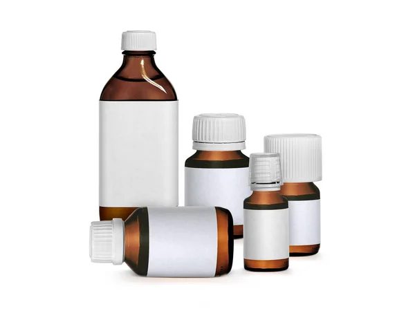 Beyaz Arkaplanda Etiketli Kahverengi Ilaç Şişesini Ayarla — Stok fotoğraf