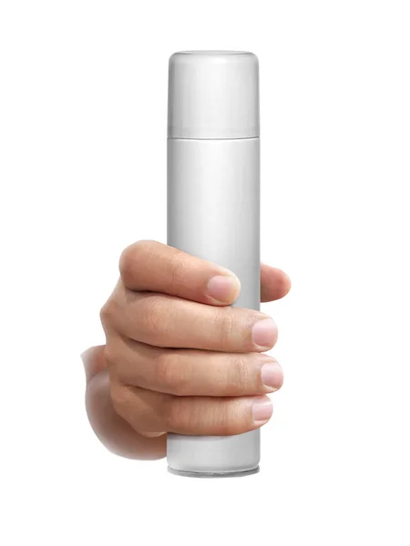 Frasco Spray Branco Mão Isolado Fundo Branco — Fotografia de Stock