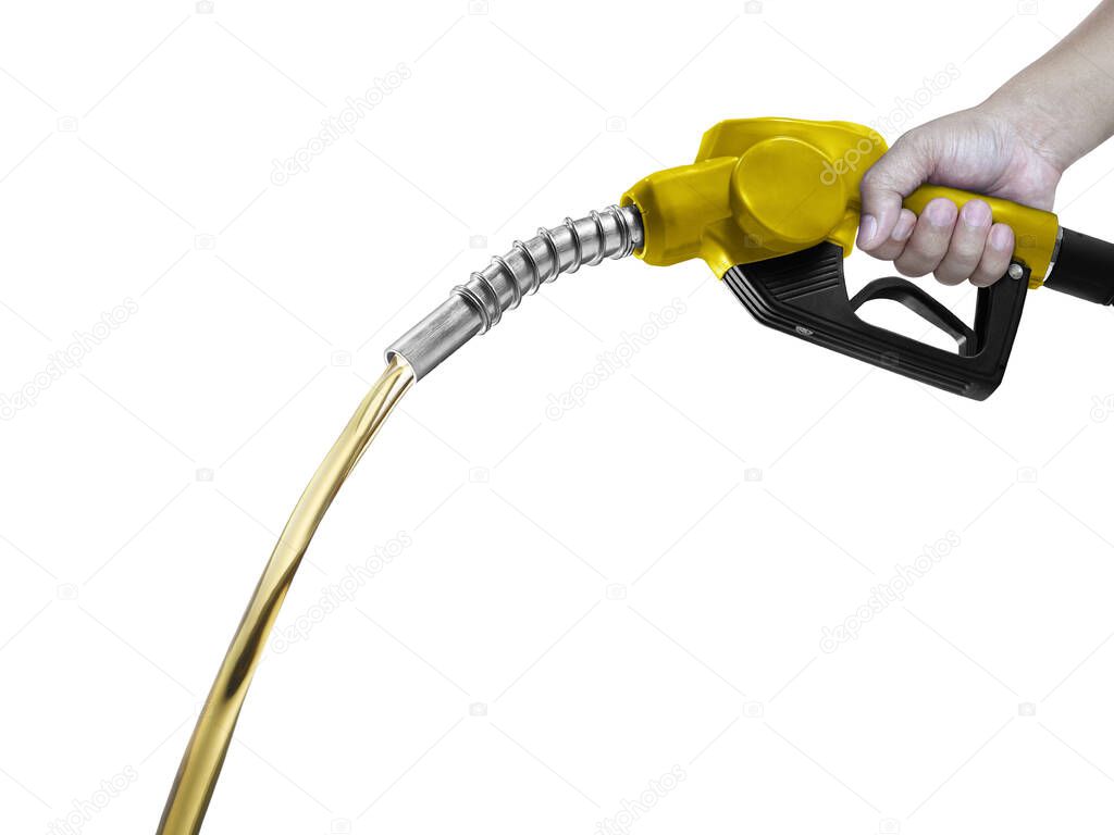 Hands holding Fuel. nozzle with hose isolated on white background