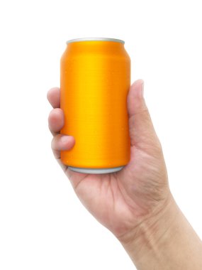  Beyaz arka planda izole edilmiş el ele tutuşan içecek kutusu