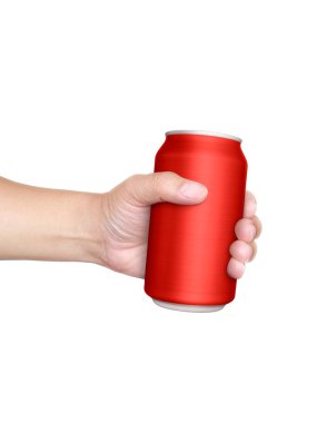  Beyaz arka planda izole edilmiş el ele tutuşan içecek kutusu