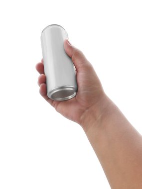  Beyaz arka planda izole edilmiş el ele tutuşan içecek kutusu