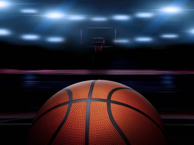 Işıklı projektörler altında işaretsiz ahşap zemin üzerinde turuncu bir top ile kapalı bir basketbol sahası