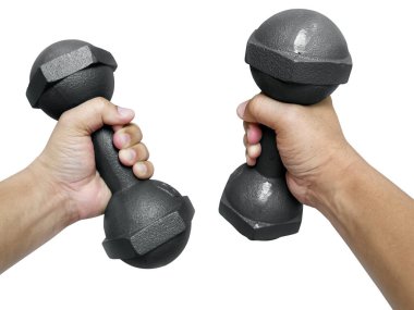 el siyah üzerine beyaz izole dumbbell tutarak
