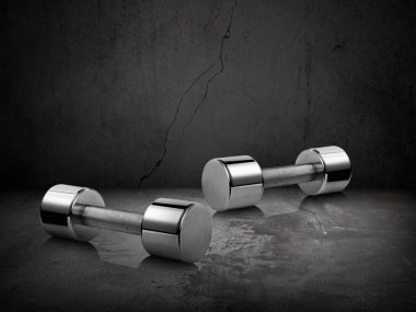 Metal halterli ve ağırlıklı koyu renk spor salonu.