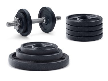 Metal dumbbell ve beyaz arka plan üzerinde izole ağırlık