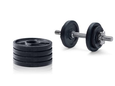 Metal dumbbell ve beyaz arka plan üzerinde izole ağırlık