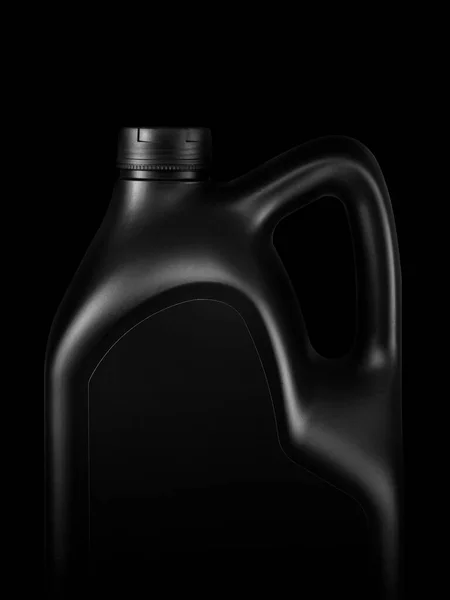 Пластиковые Черные Канистры Машинного Масла Изолированы Черном Фоне — стоковое фото