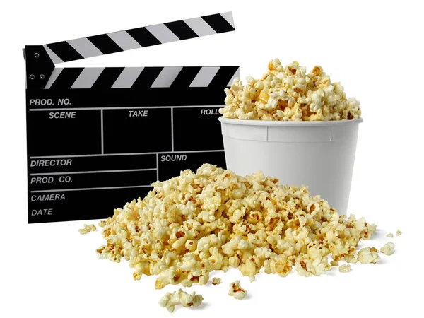 Film Clapperboard Popcorn Białym Tle — Zdjęcie stockowe