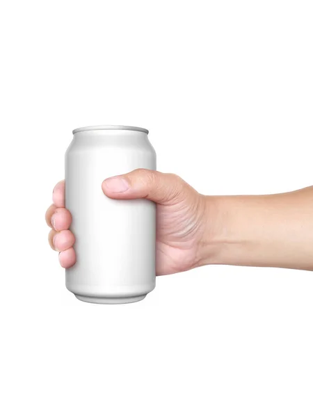 Hand Vasthouden Blikje Drank Met Geïsoleerde Witte Achtergrond — Stockfoto