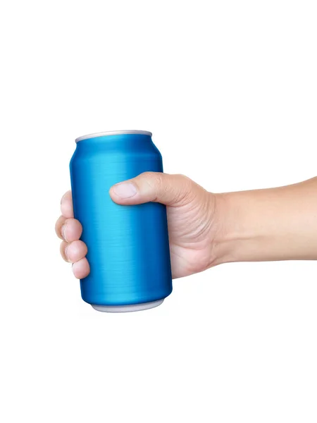 Mão Segurando Lata Bebida Com Isolado Fundo Branco — Fotografia de Stock