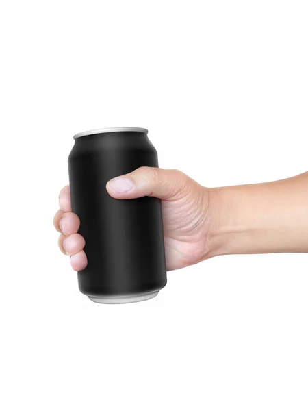 Mão Segurando Lata Bebida Com Isolado Fundo Branco — Fotografia de Stock