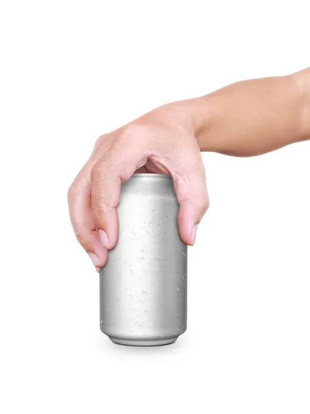 Hand Vasthouden Blikje Drank Met Geïsoleerde Witte Achtergrond — Stockfoto
