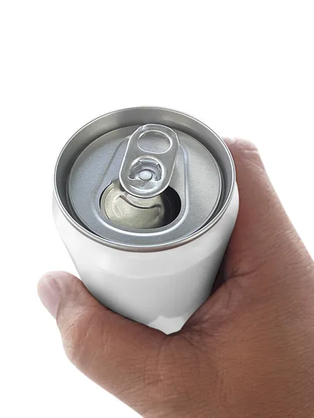 Man Holding Aluminum Can White Background — Stock Photo, Image