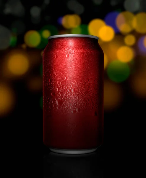 金属罐与可乐或啤酒 表面凝结的水滴 带有柔和光的背景抽象Bokeh灯 — 图库照片