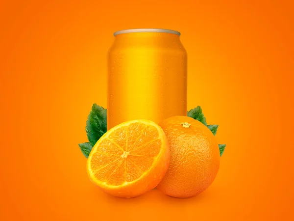 Orange Aluminiumburk Med Frukt Isolerad Orange Bakgrund — Stockfoto