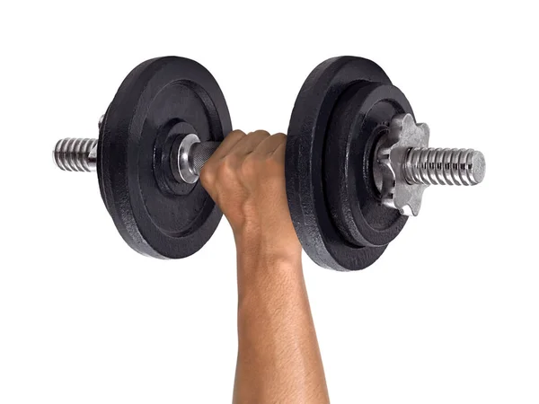 Hand Houden Dumbell Geïsoleerde Witte Achtergrond — Stockfoto