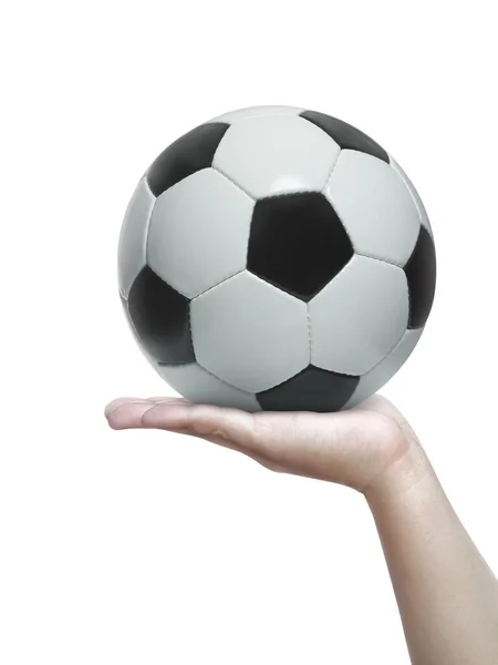 手牵着被白色背景隔离的足球 — 图库照片