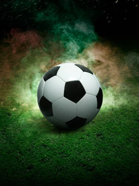 Traditional Soccer Ball Soccer Field Close View Soccer Ball Football — Stock Photo, Image