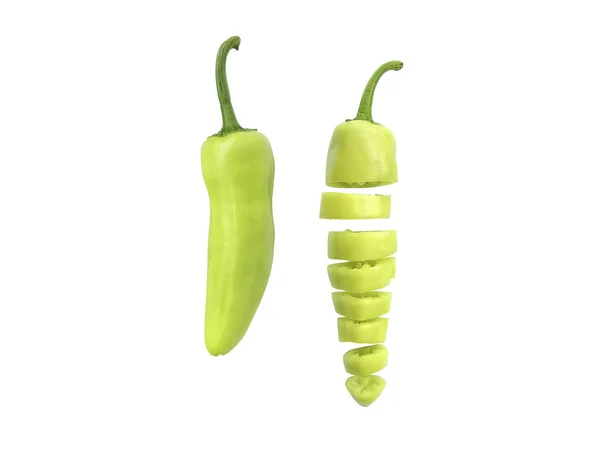 Gesneden Groene Hete Chili Pepers Geïsoleerd Witte Achtergrond — Stockfoto