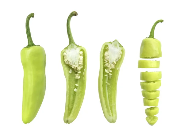 Sliced Green Hot Chili Peppers Isolated White Background — Stock Photo, Image