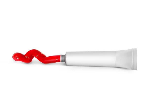Rode Verf Tin Buis Geperst Witte Achtergrond Geïsoleerd — Stockfoto