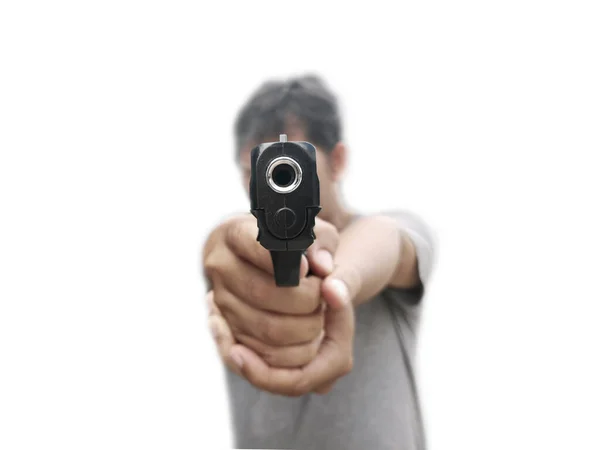 Homme Tenant Pistolet Dans Main Avec Fond Blanc — Photo