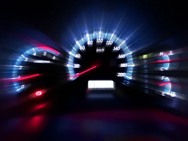 Ταχύμετρο Ενός Σύγχρονου Αυτοκινήτου Δείχνει Υψηλή Ταχύτητα Οδήγησης Προστέθηκε Θόλωμα — Φωτογραφία Αρχείου