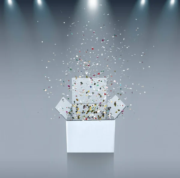 Open White Gift Boxes Join Scatters Win Prizes Shining Spotlight — Stock Photo, Image