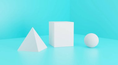 Mavi stüdyo zemininde beyaz geometrik şekiller, 3D görüntüleme