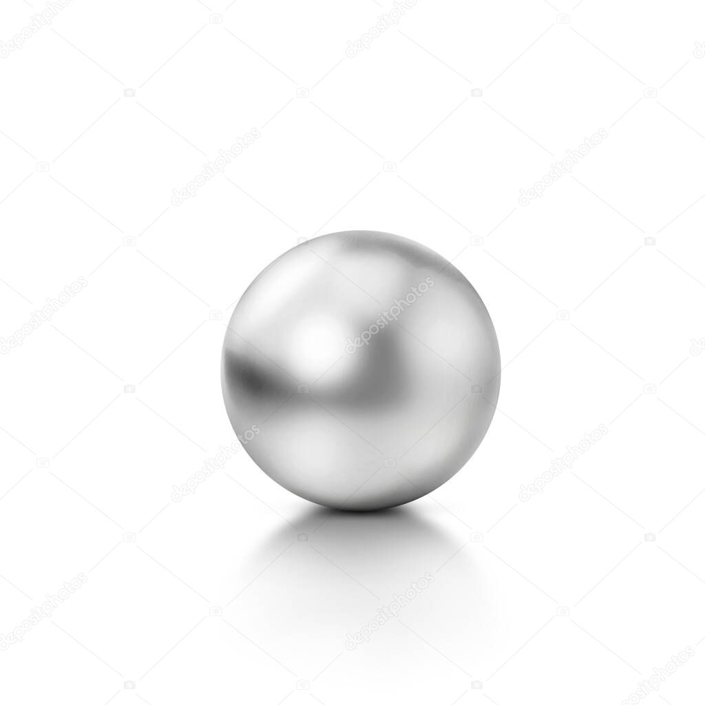 Realistic glossy chromium ball with glares and reflection on white. 3d render