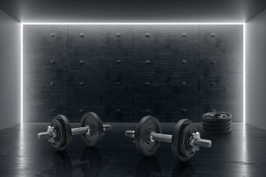 Salondaki halterin resmi. Spor ve sağlıklı yaşam tarzı kavramı