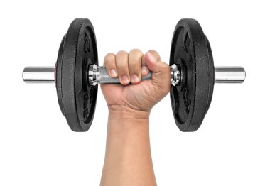 Dumbbell izole beyaz arka plan üzerinde tutan el