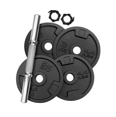 Ağırlık plakasının üst görüntüsü ve beyaz üzerine bölünmüş çelik çubuk