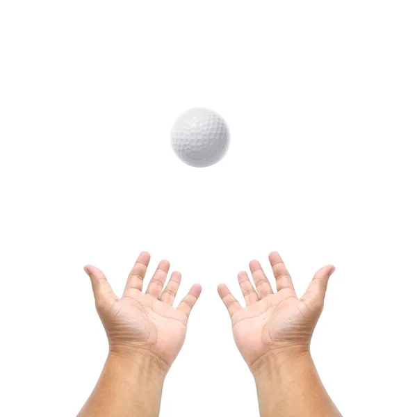 Ręczne Trzymanie Piłki Golfowej Białym Tle — Zdjęcie stockowe