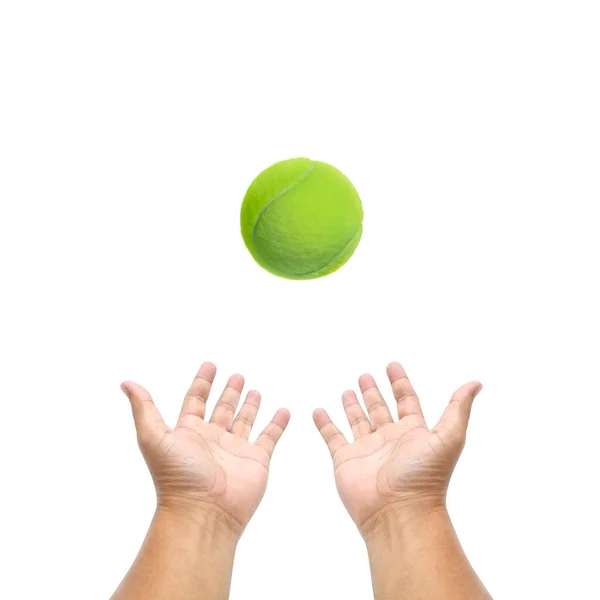 白い背景にテニスボールを手に持ち — ストック写真