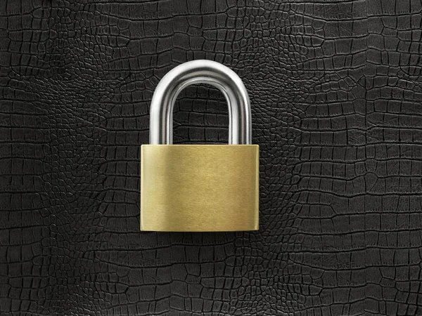 Golden Closed Lock Black Leather Background — Zdjęcie stockowe