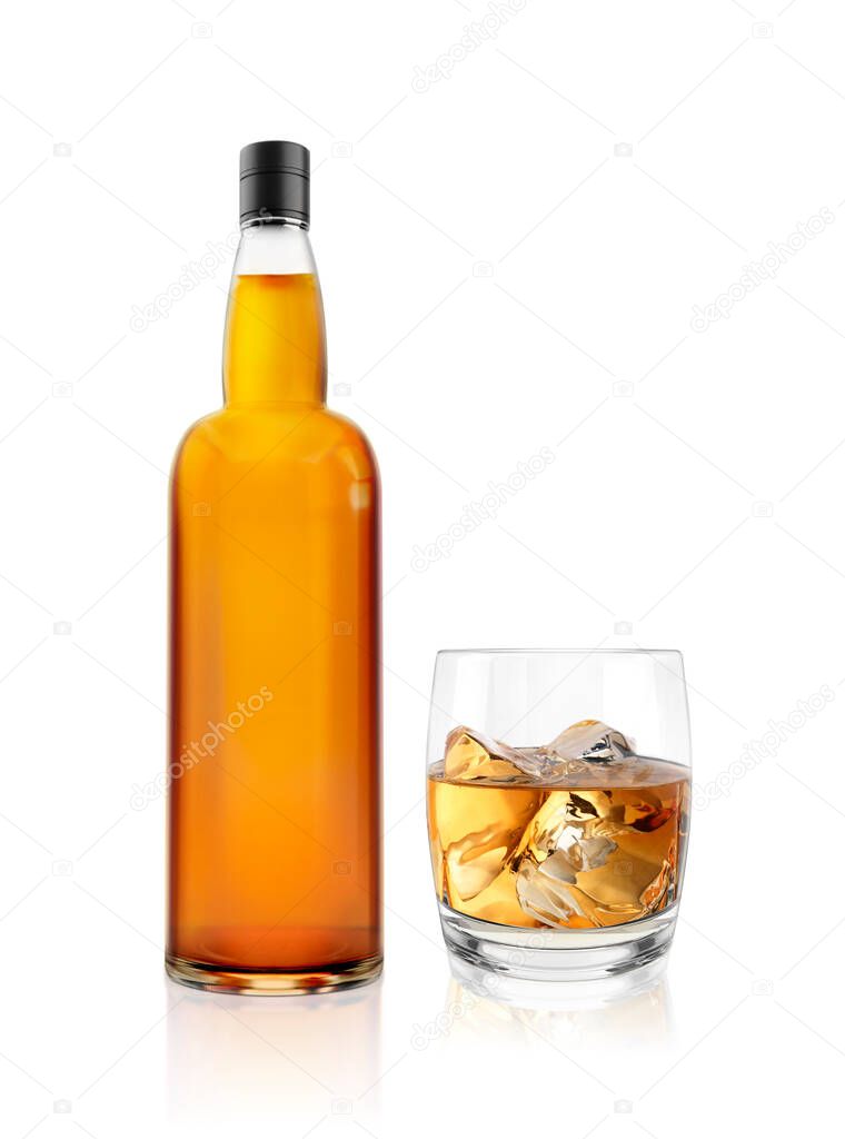 bottle of whiskey without label with glass isolated on white background. 3d render