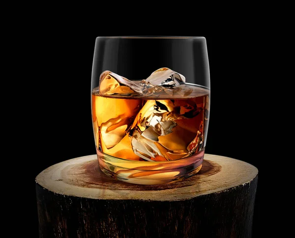 Whiskey Glass Old Wood Log Black Background — Stock Photo, Image