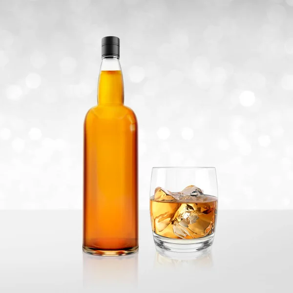 Whisky Bottle Glass White Shining Bokeh Background Render — Stock Photo, Image
